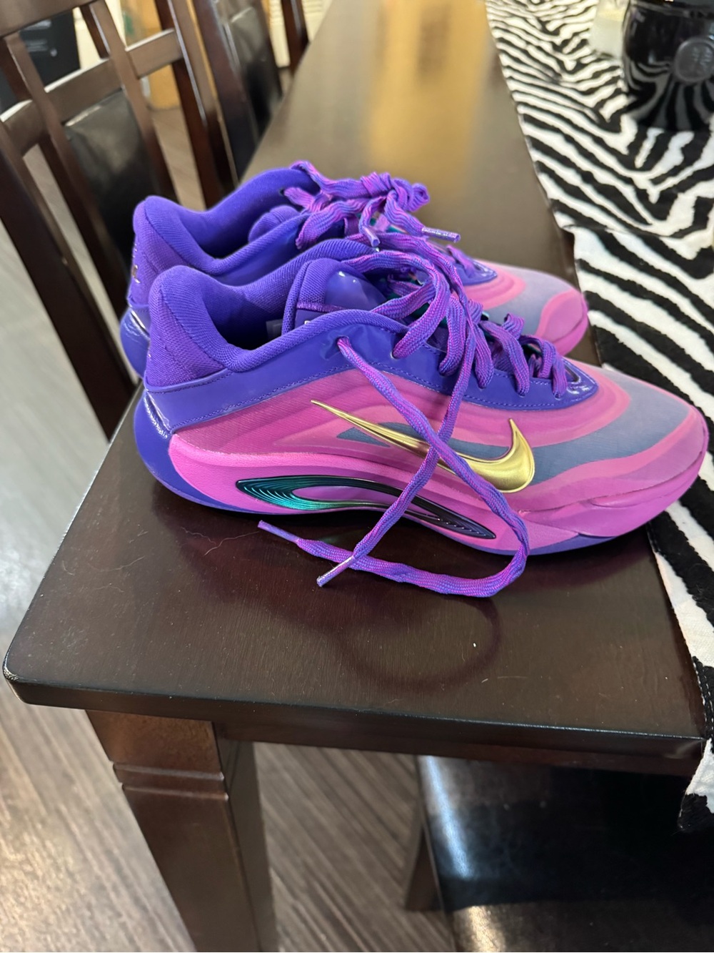 Nike Pink Purple Athletic Sneakers with Gold Swoosh and Teal Accents - Picture 3 of 6
